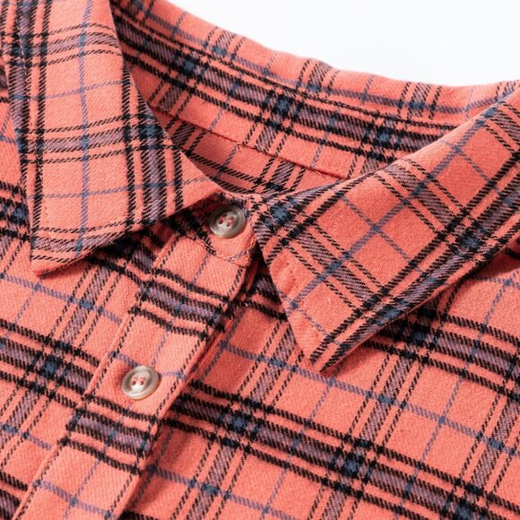 B308 Red Plaid Long Sleeve Side Split Distressed Hem Button Up Shirt - Picture 6 of 9